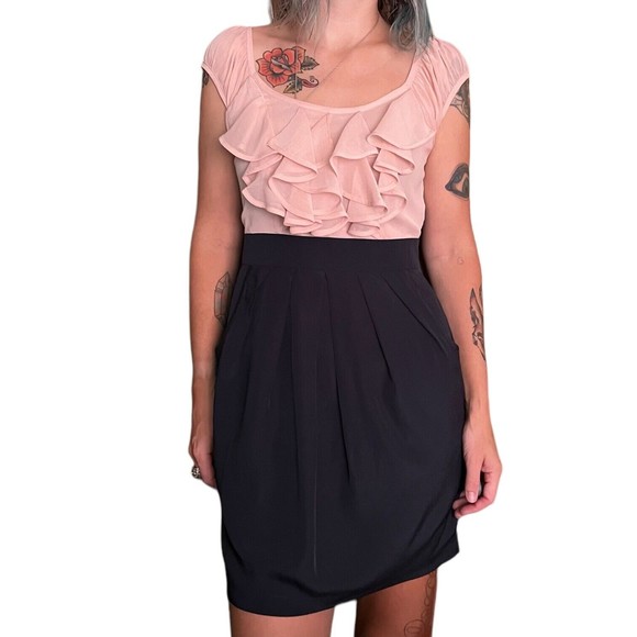 Forever 21 Dress Ruffle Front Pockets Empire Waist Sheath Pink Black Medium - Picture 6 of 12